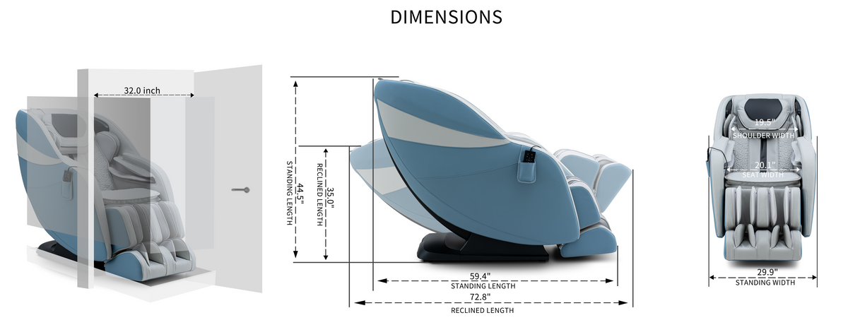 Blue and gray massage chair dimension diagram showing width, height, and depth.