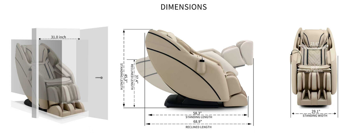 Beige massage chair dimension diagram showing width, height, depth, and recline angle.