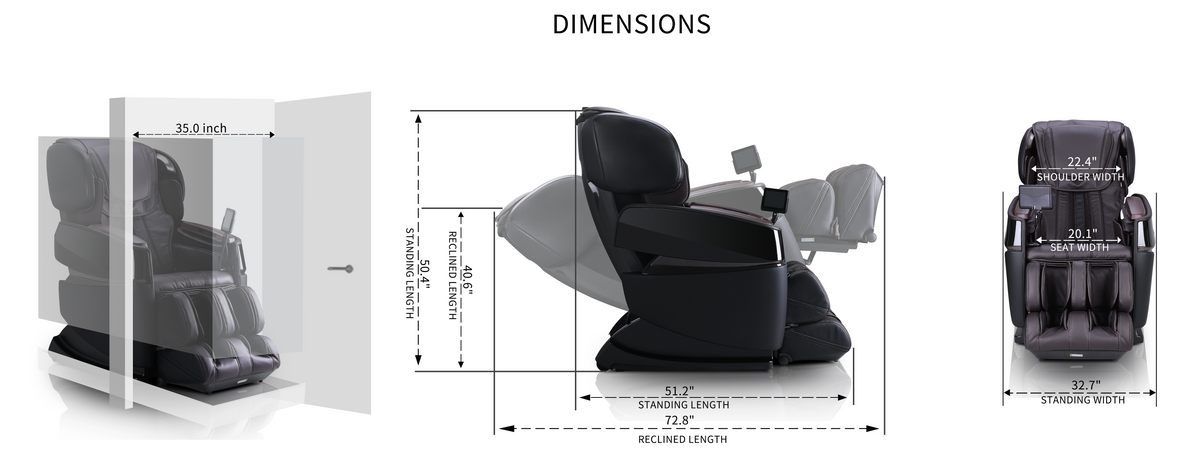 Black massage chair dimension diagram with labeled width, height, and depth.