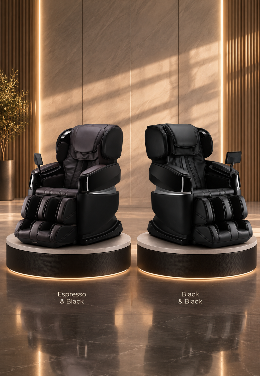 Two Cozzia massage chairs in Espresso & Black and Black & Black.