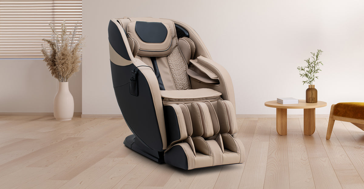 Beige and dark gray massage chair in a minimalist living room.