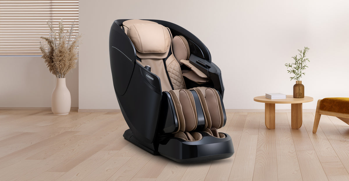 Black and beige massage chair in a modern living room.