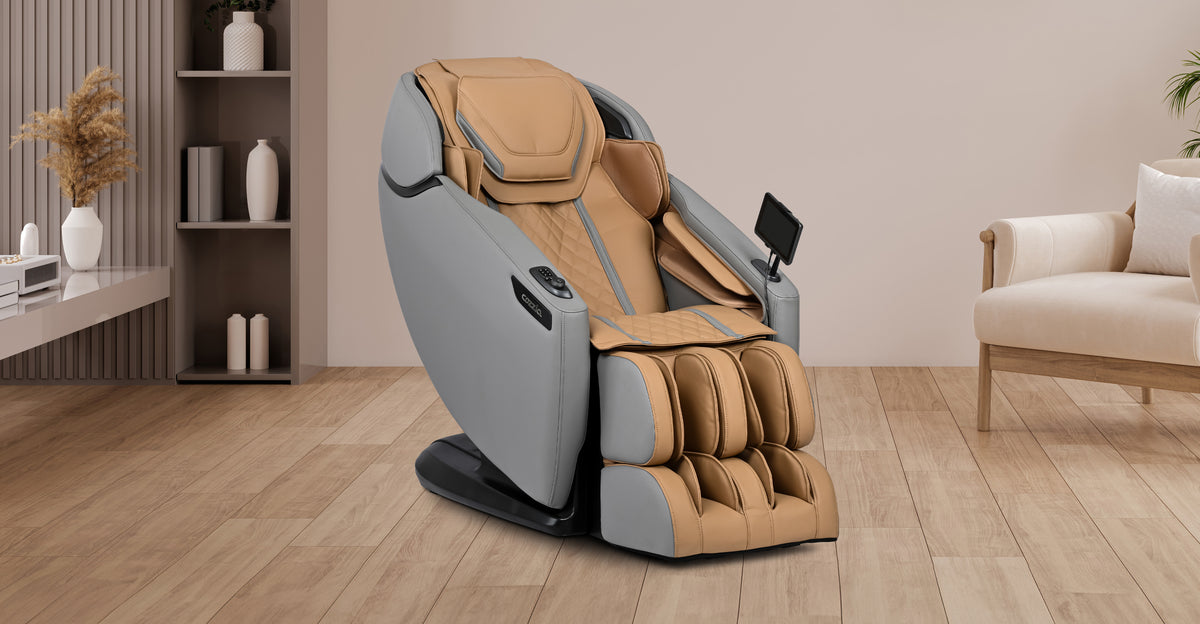 Beige and gray Cozzia massage chair in a modern living room.
