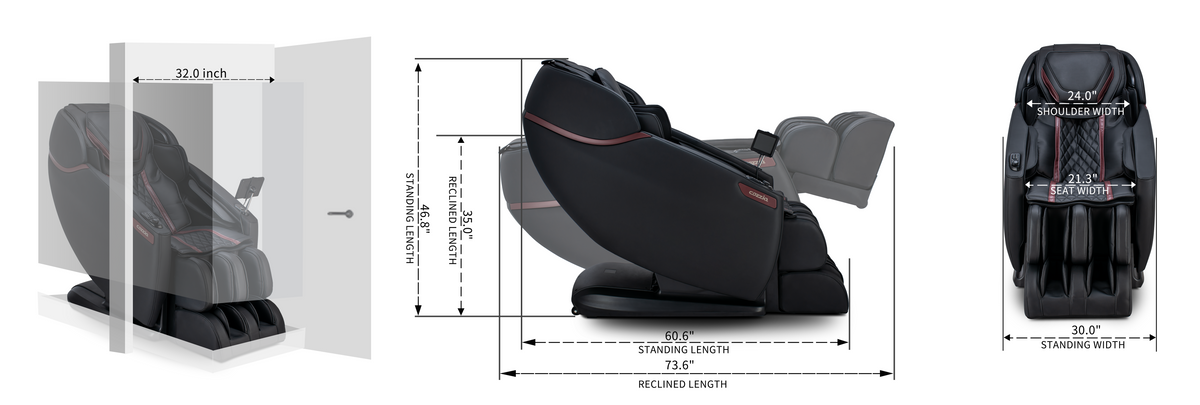Black Cozzia massage chair dimension diagram showing width, height, and reclined length.