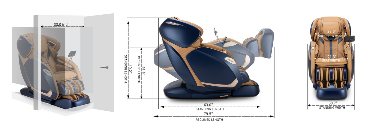 Cozzia massage chair dimension diagram with labeled length, height, width, and depth.