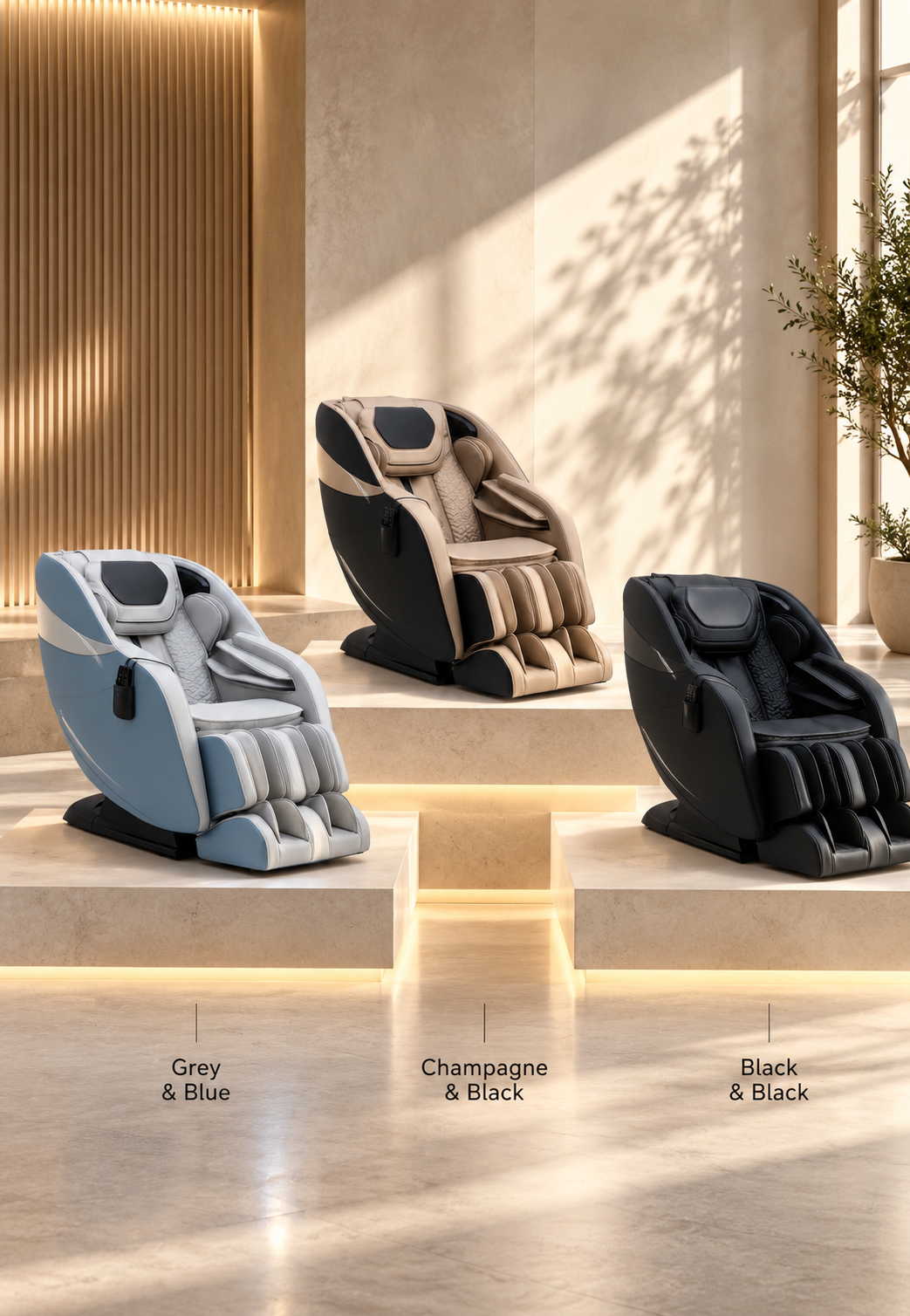 Three massage chairs in Grey & Blue, Champagne & Black, and Black & Black color options.