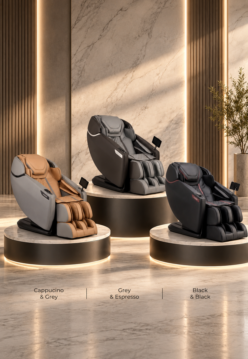 Three Cozzia massage chairs in Cappuccino & Grey, Grey & Espresso, and Black & Black.