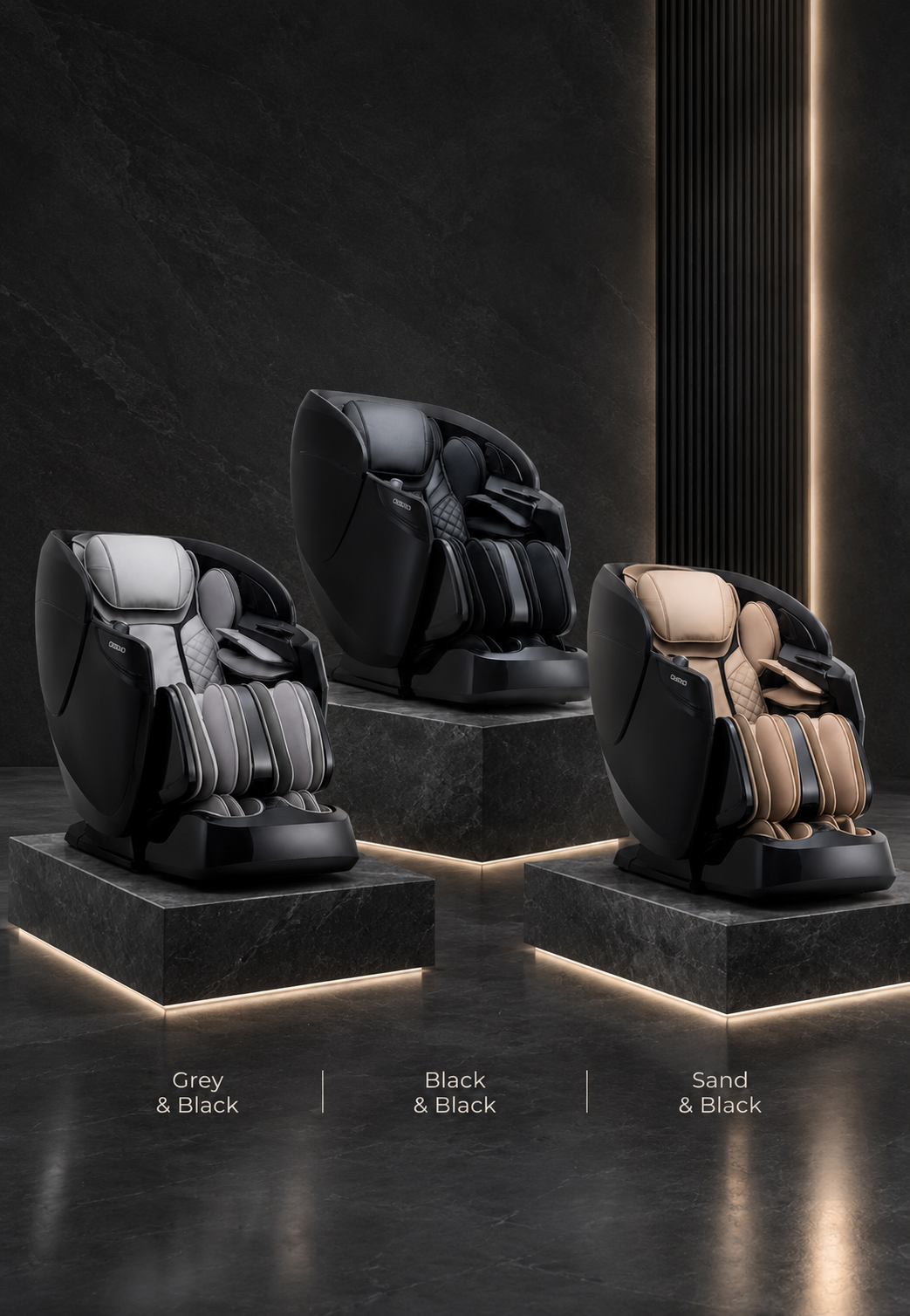 Three massage chairs in gray and black, all black, and sand and black color combinations.