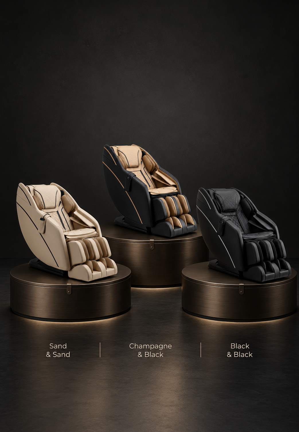 Three massage chairs in Sand & Sand, Champagne & Black, and Black & Black.