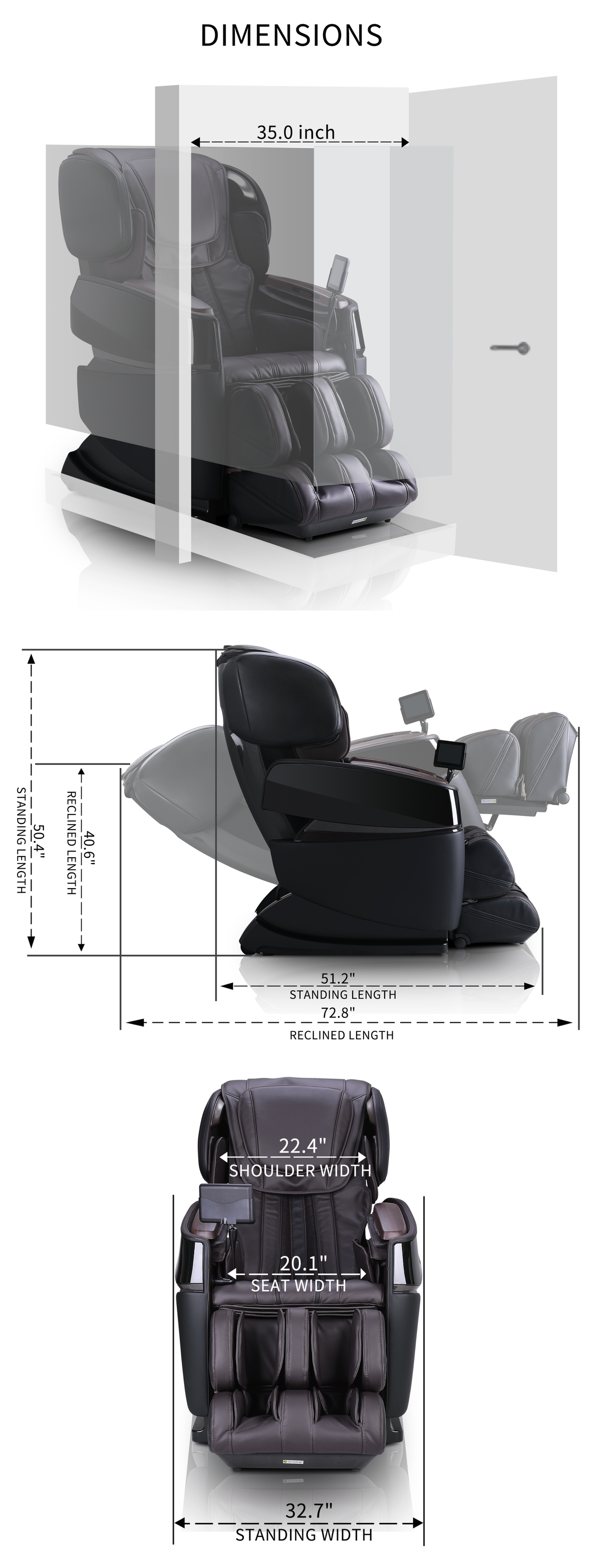 Black massage chair dimension diagram showing width, height, and depth measurements from three angles.