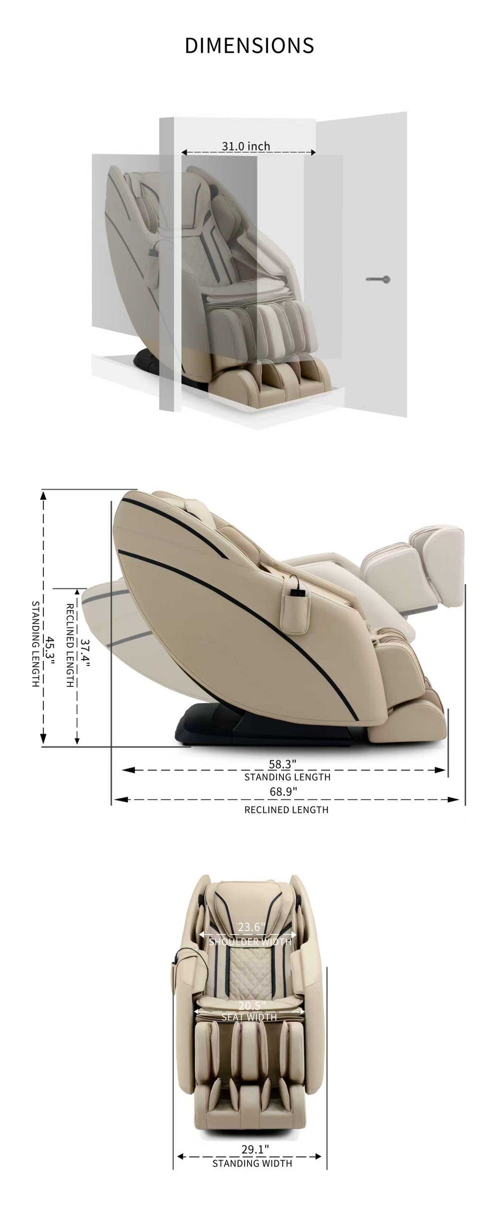 Beige massage chair dimension diagram showing width, height, and depth from multiple angles.