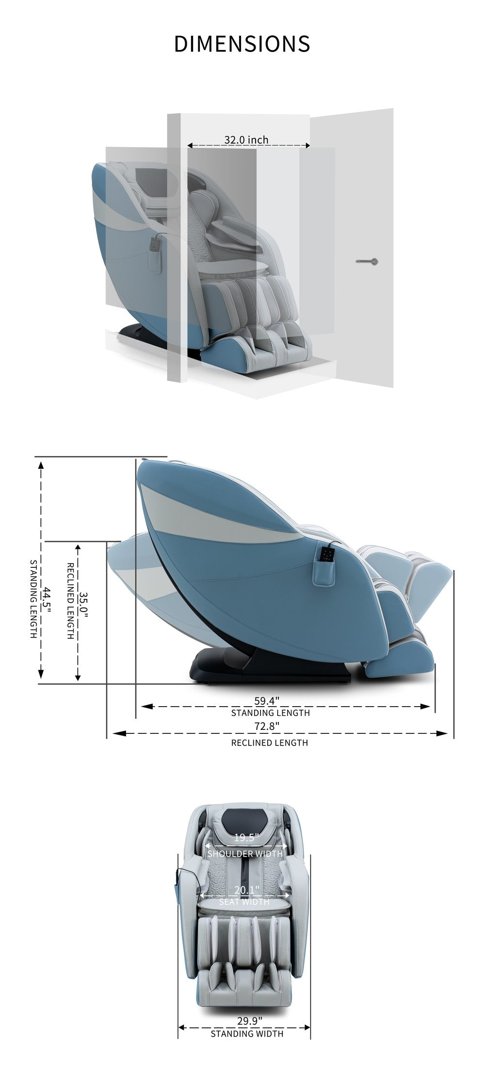 Blue and gray massage chair dimensions shown from three angles.