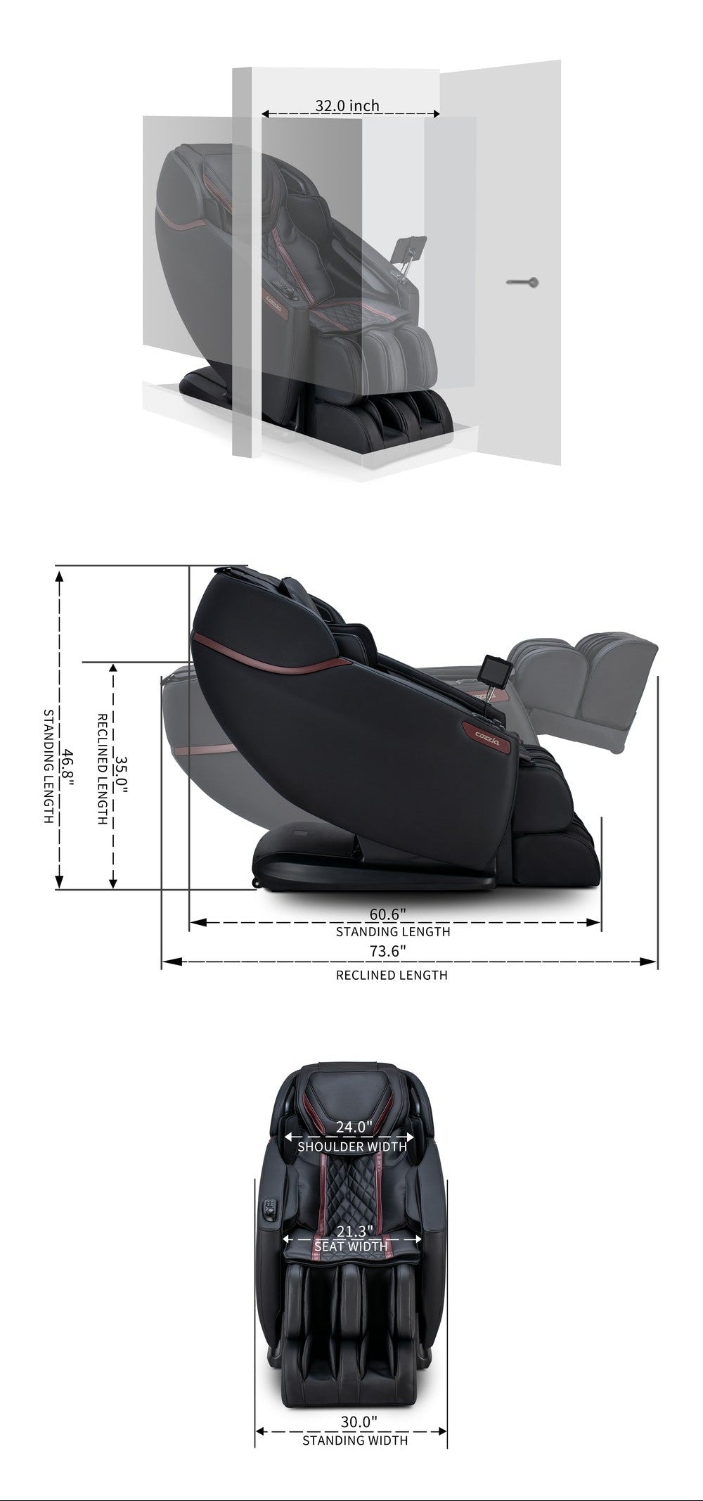 Black Cozzia massage chair dimension diagram with labeled measurements.
