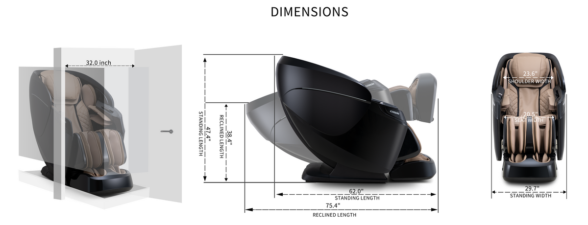 Cozzia massage chair dimension diagram with labeled length, reclined length, height, and width.
