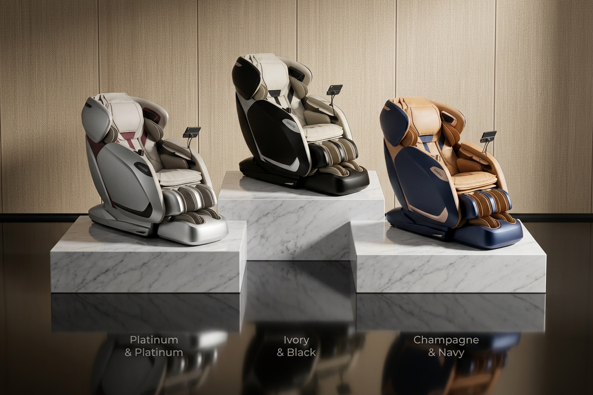 Three Cozzia massage chairs in Platinum & Platinum, Ivory & Black, and Champagne & Navy.