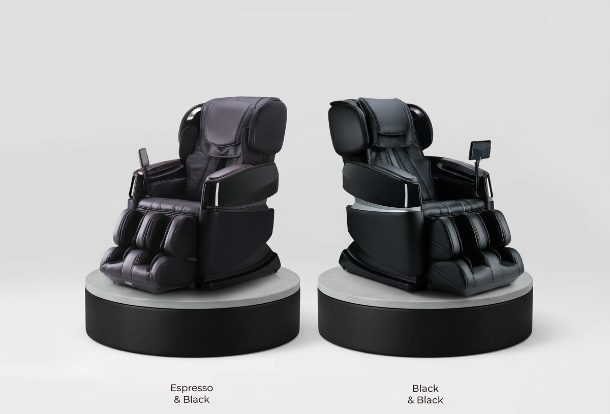Two Cozzia massage chairs in Espresso & Black and Black & Black.