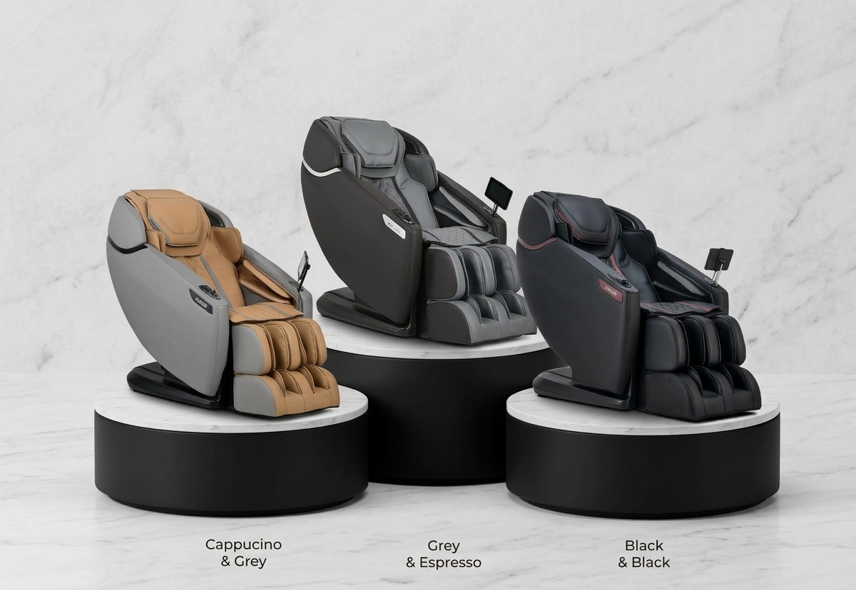 Three Cozzia massage chairs in Cappuccino & Grey, Grey & Espresso, and Black & Black.