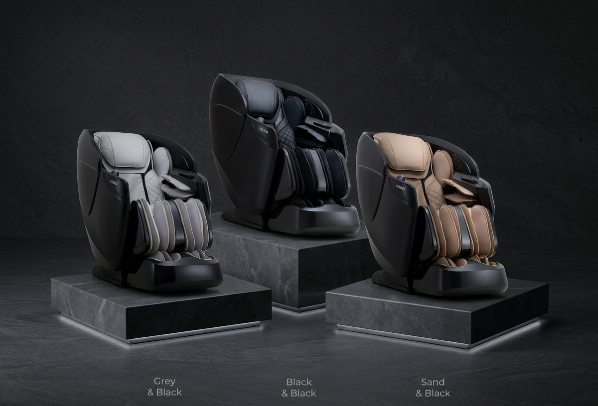 Three massage chairs in gray and black, all black, and sand and black color combinations.