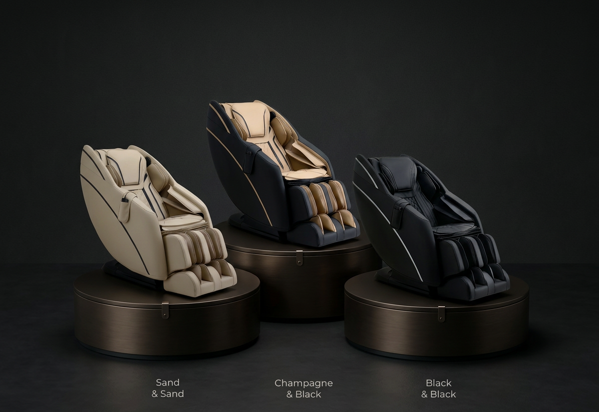 Three massage chairs in Sand & Sand, Champagne & Black, and Black & Black.