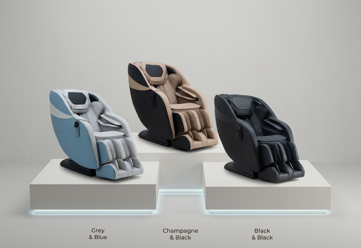 Three massage chairs in Grey & Blue, Champagne & Black, and Black & Black color options.