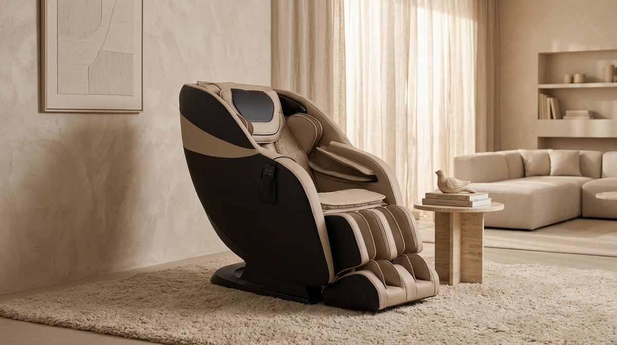 Black and beige massage chair in a minimalist living room with a matching sofa and rug.