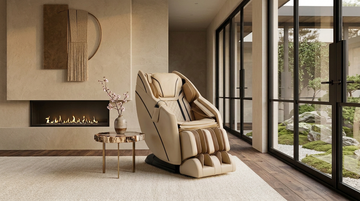Beige and brown massage chair in a modern living room with a fireplace and garden views.