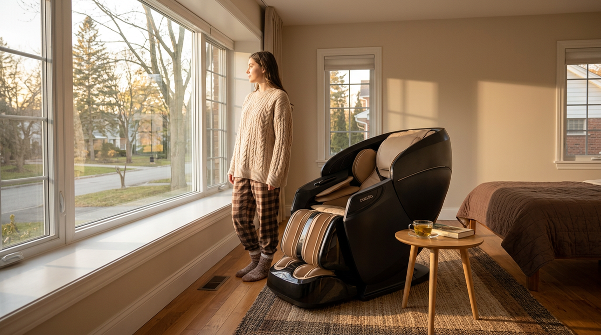 Cozzia black and tan massage chair beside a window in a sunlit bedroom.
