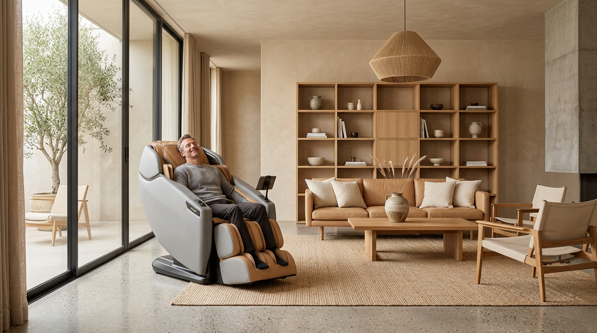 Man reclining in a gray and tan Cozzia massage chair in a modern living room.