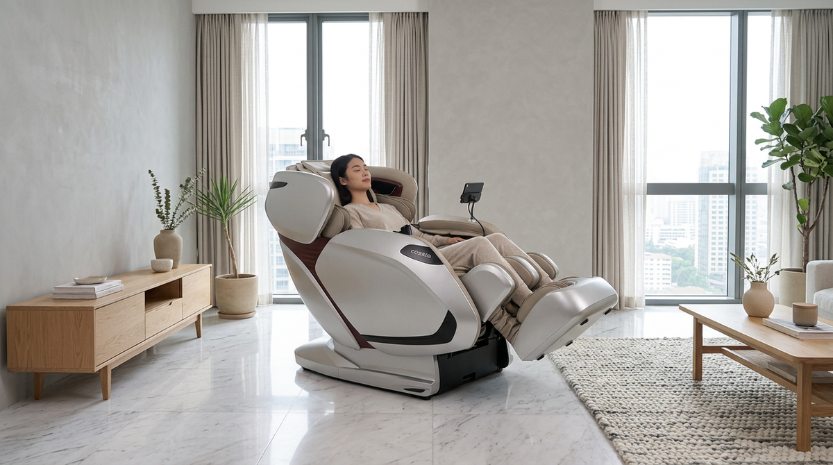 Woman reclining in a beige and brown Cozzia massage chair in a modern living room.