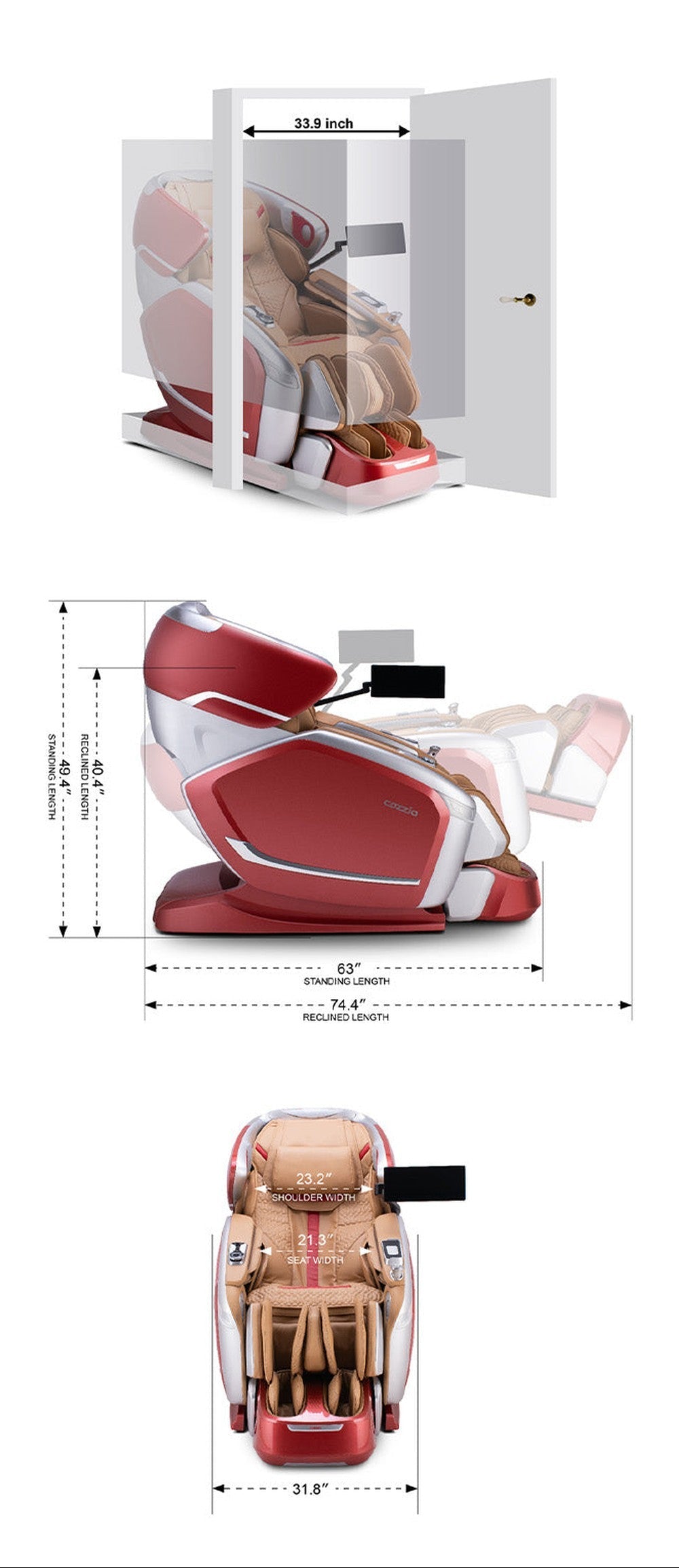 A dimension diagram showing a red and beige massage chair from three angles with measurement labels: top view through a doorway, side profile with height/width/depth measurements, and a front view with width measurement.