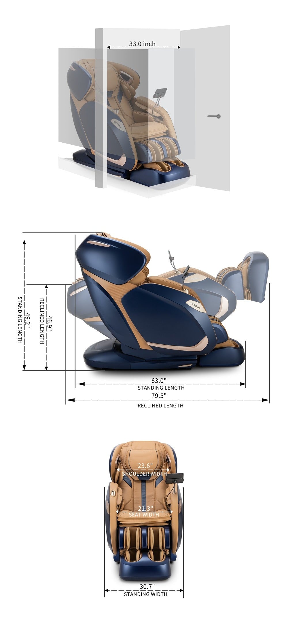 Massage chair dimension diagram showing width, height, depth, seating length, and legroom.